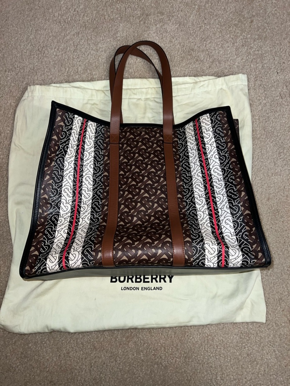 Burberry Brown Monogram Tote with White and Red Stripe Accents